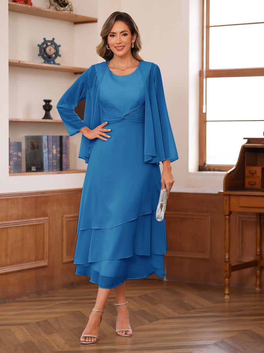 A-Line/Princess Scoop Two Pieces Tiered Mother of the Bride Dresses with Jacket