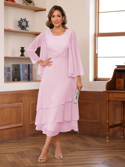 A-Line/Princess Scoop Two Pieces Tiered Mother of the Bride Dresses with Jacket