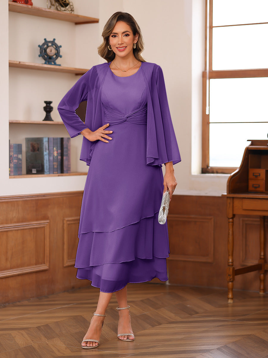 A-Line/Princess Scoop Two Pieces Tiered Mother of the Bride Dresses with Jacket