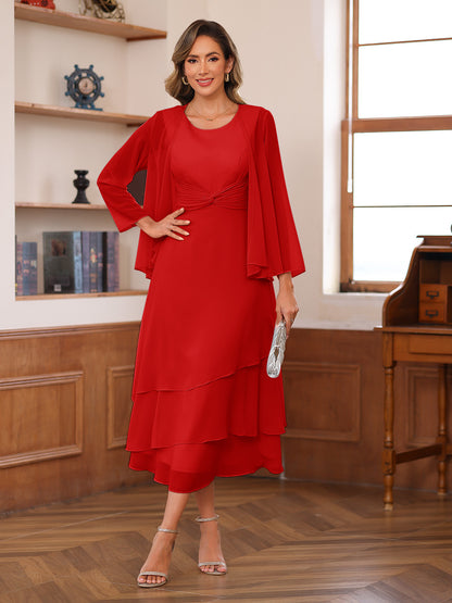 A-Line/Princess Scoop Two Pieces Tiered Mother of the Bride Dresses with Jacket