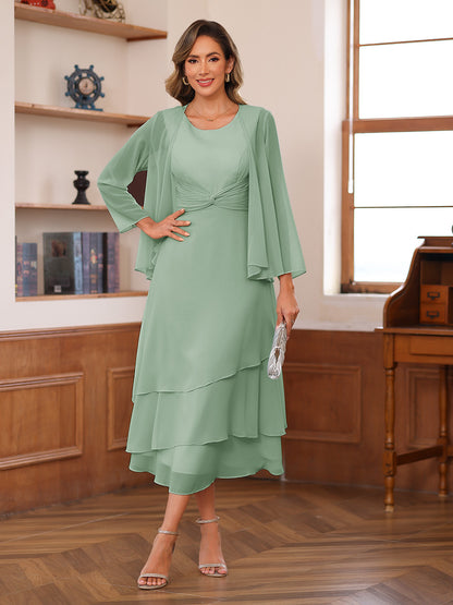 A-Line/Princess Scoop Two Pieces Tiered Mother of the Bride Dresses with Jacket