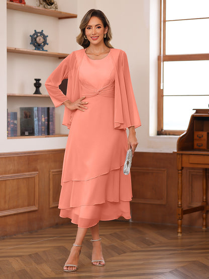A-Line/Princess Scoop Two Pieces Tiered Mother of the Bride Dresses with Jacket