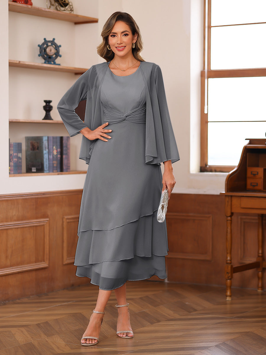 A-Line/Princess Scoop Two Pieces Tiered Mother of the Bride Dresses with Jacket