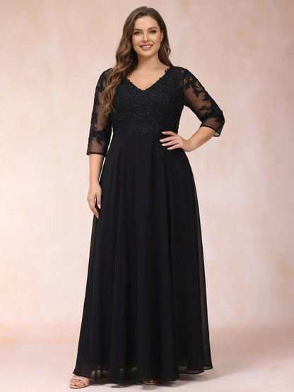 A-Line/Princess V-Neck 3/4 Sleeves Long Formal Plus Size Evening Dresses with Beading & Appliques