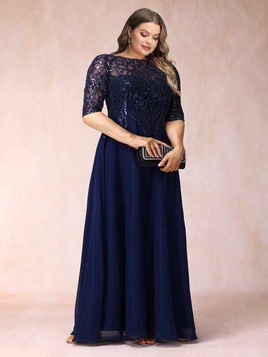 A-Line/Princess Sheer Neck Half Sleeves Long Formal Plus Size Evening Dresses with Beading & Sequins