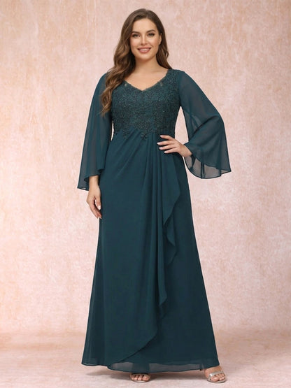 Sheath/Column V-Neck Long Sleeves Long Formal Plus Size Evening Dresses with Sequins & Appliques