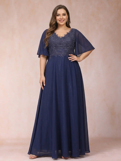 A-Line/Princess V-Neck Half Sleeves Long Formal Plus Size Evening Dresses with Beading & Appliques