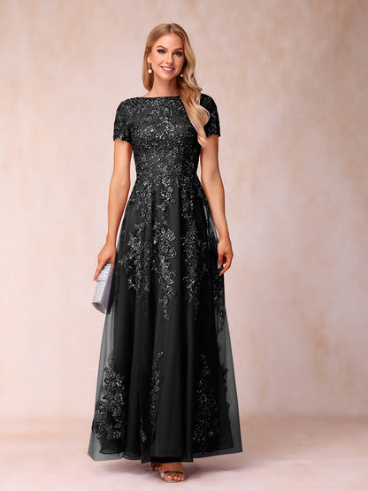 A-Line/Princess Sheer Neck Short Sleeves Long Formal Evening Dresses with Appliques & Sequins