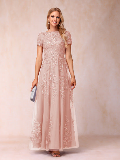 A-Line/Princess Sheer Neck Short Sleeves Long Formal Evening Dresses with Appliques & Sequins