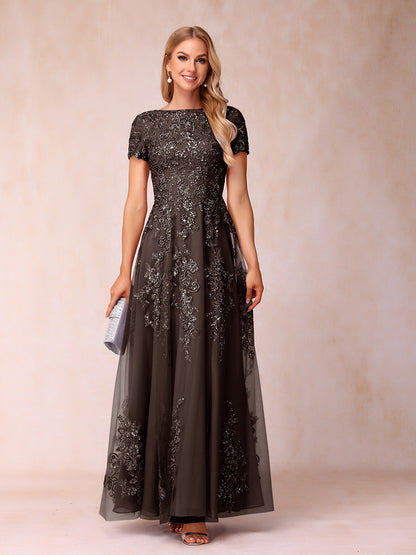 A-Line/Princess Sheer Neck Short Sleeves Long Formal Evening Dresses with Appliques & Sequins