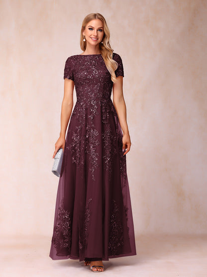 A-Line/Princess Sheer Neck Short Sleeves Long Formal Evening Dresses with Appliques & Sequins