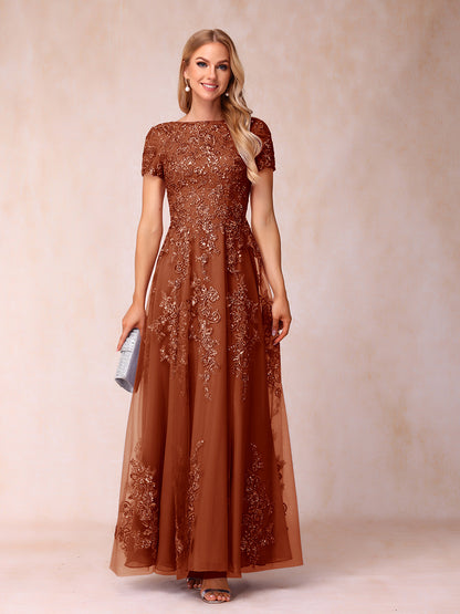 A-Line/Princess Sheer Neck Short Sleeves Long Formal Evening Dresses with Appliques & Sequins