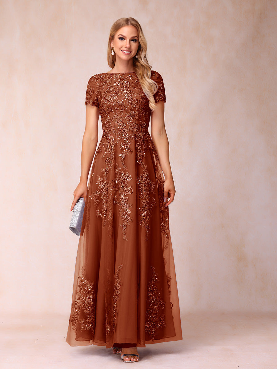 A-Line/Princess Sheer Neck Short Sleeves Long Formal Evening Dresses with Appliques & Sequins