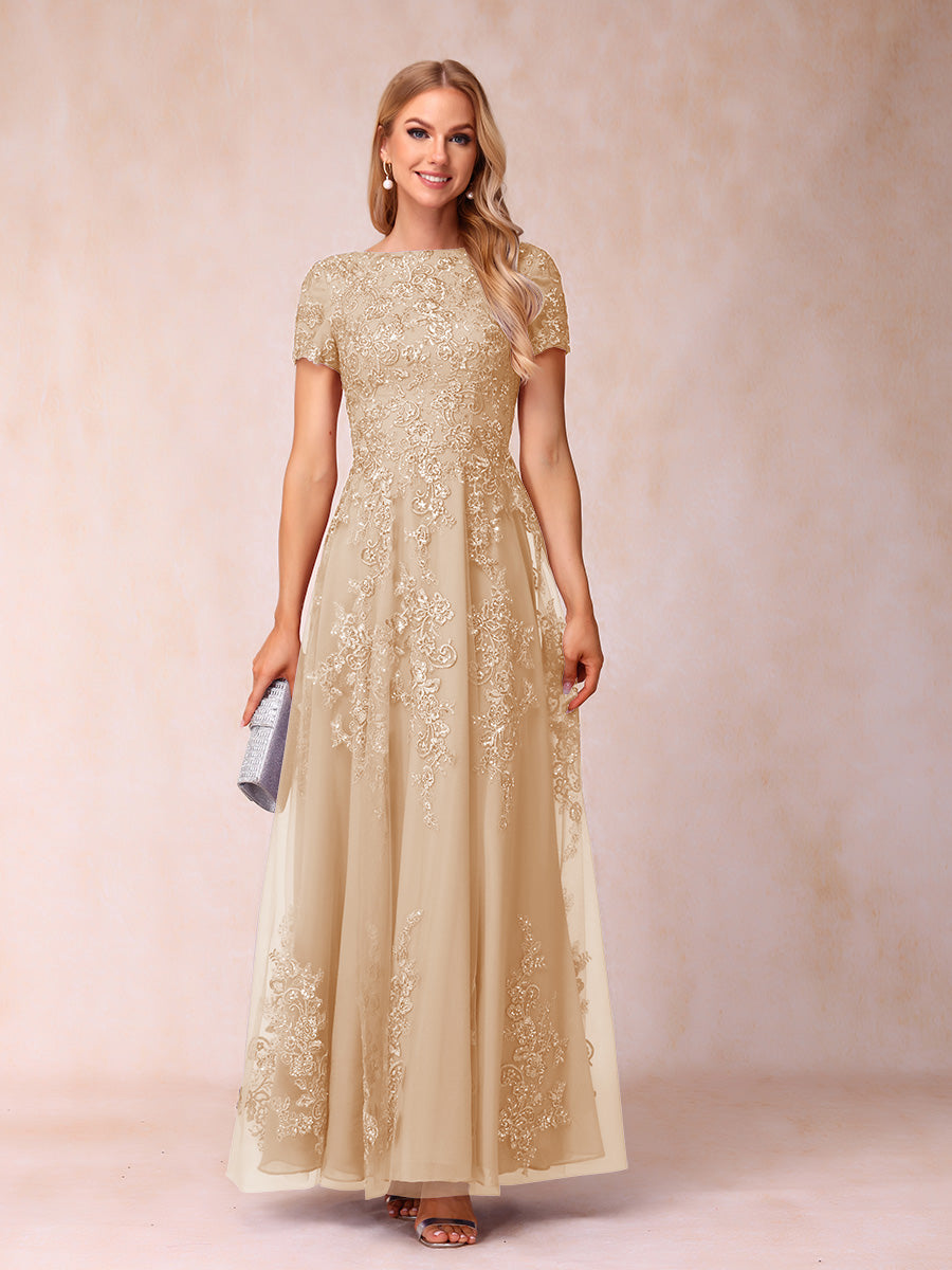 A-Line/Princess Sheer Neck Short Sleeves Long Formal Evening Dresses with Appliques & Sequins