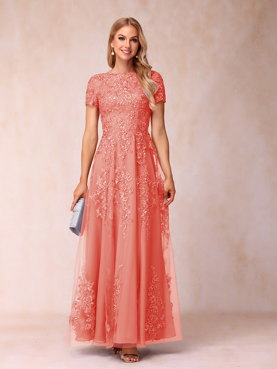 A-Line/Princess Sheer Neck Short Sleeves Long Formal Evening Dresses with Appliques & Sequins