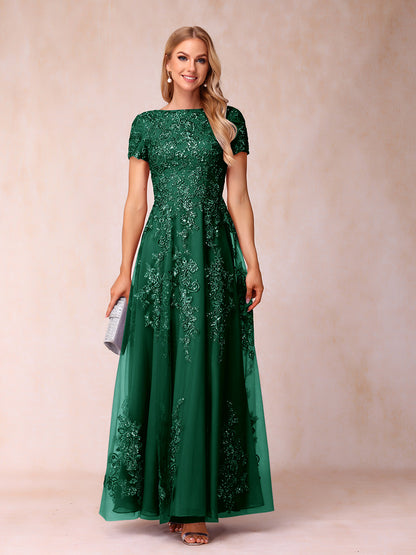 A-Line/Princess Sheer Neck Short Sleeves Long Formal Evening Dresses with Appliques & Sequins