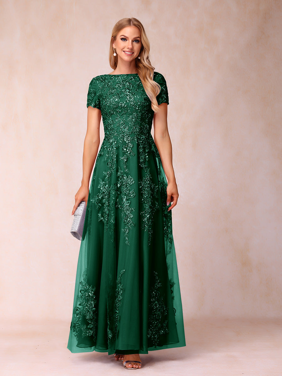 A-Line/Princess Sheer Neck Short Sleeves Long Formal Evening Dresses with Appliques & Sequins