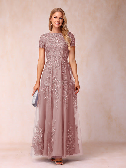 A-Line/Princess Sheer Neck Short Sleeves Long Formal Evening Dresses with Appliques & Sequins