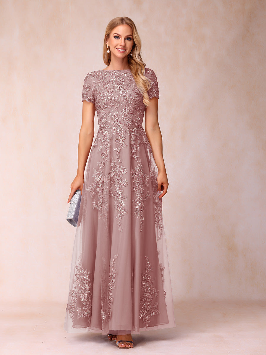 A-Line/Princess Sheer Neck Short Sleeves Long Formal Evening Dresses with Appliques & Sequins