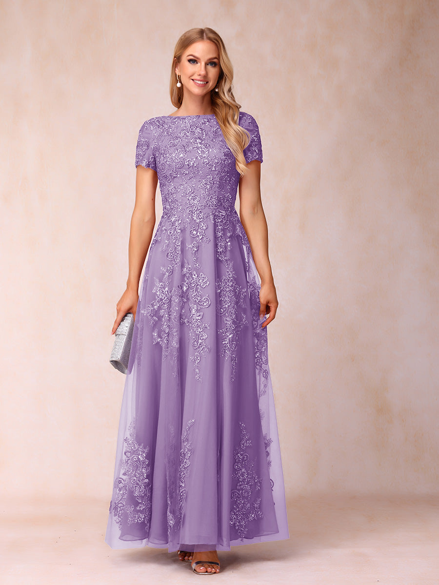 A-Line/Princess Sheer Neck Short Sleeves Long Formal Evening Dresses with Appliques & Sequins