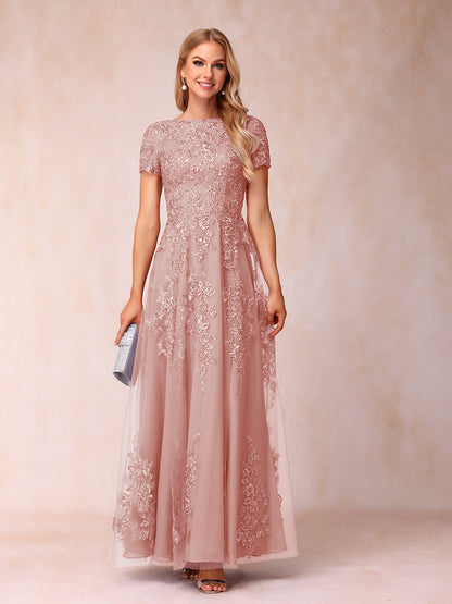 A-Line/Princess Sheer Neck Short Sleeves Long Formal Evening Dresses with Appliques & Sequins