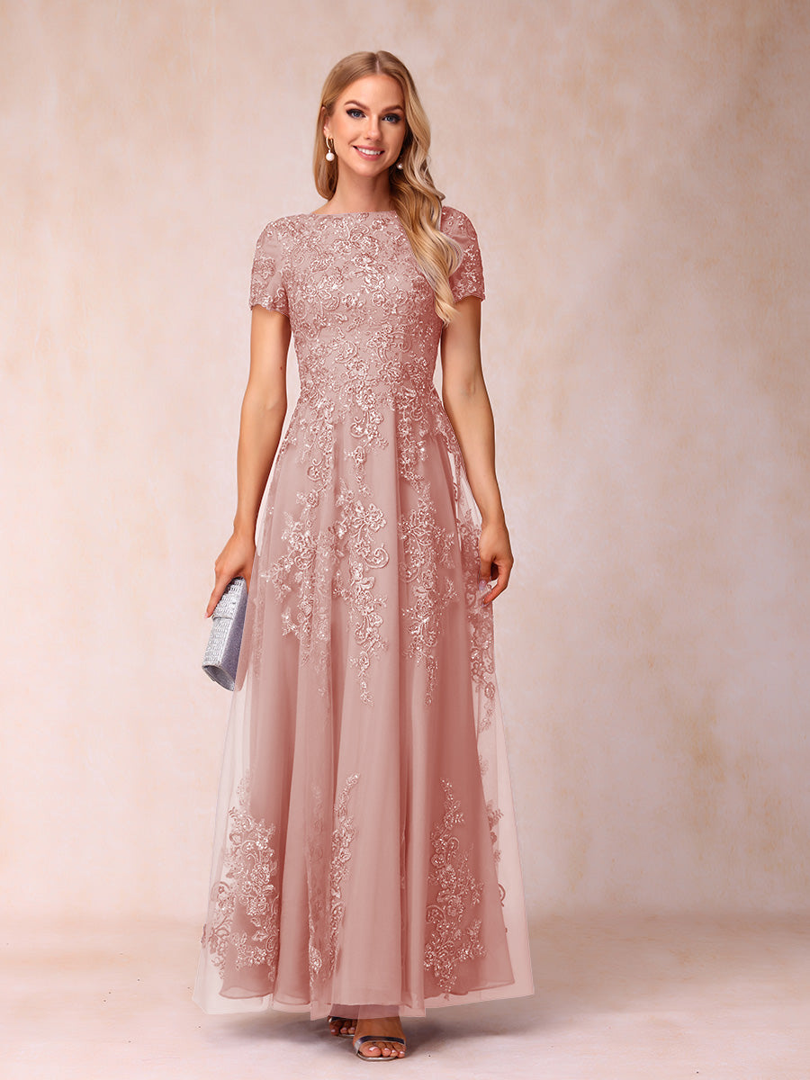 A-Line/Princess Sheer Neck Short Sleeves Long Formal Evening Dresses with Appliques & Sequins