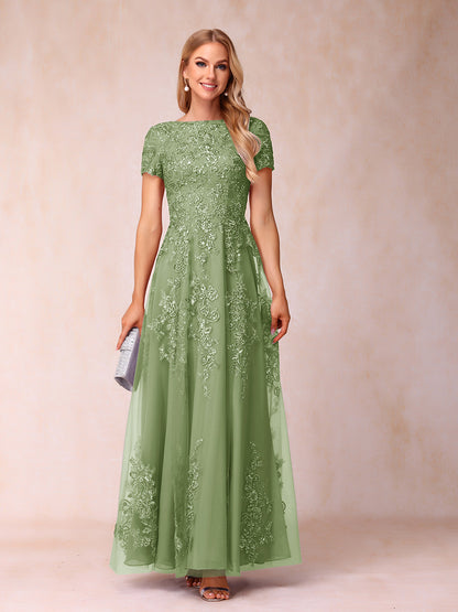 A-Line/Princess Sheer Neck Short Sleeves Long Formal Evening Dresses with Appliques & Sequins