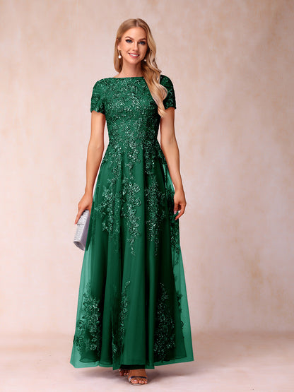 A-Line/Princess Sheer Neck Short Sleeves Long Formal Evening Dresses with Appliques & Sequins