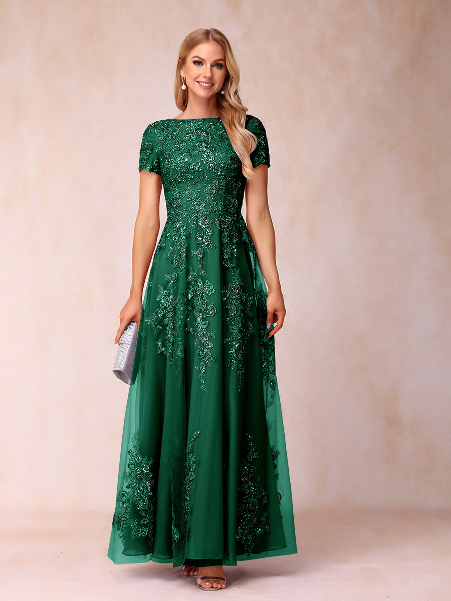 A-Line/Princess Sheer Neck Short Sleeves Long Formal Evening Dresses with Appliques & Sequins