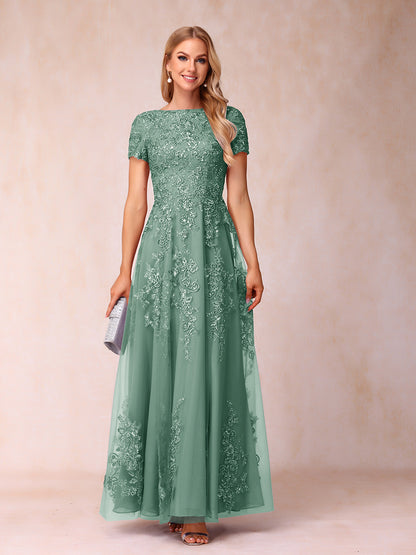 A-Line/Princess Sheer Neck Short Sleeves Long Formal Evening Dresses with Appliques & Sequins