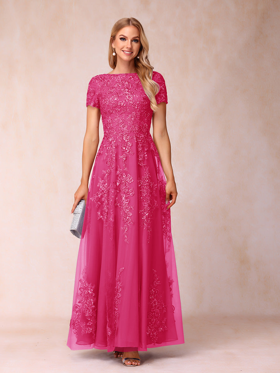 A-Line/Princess Sheer Neck Short Sleeves Long Formal Evening Dresses with Appliques & Sequins