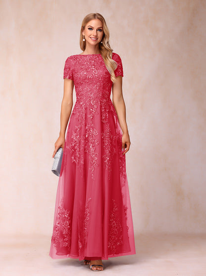 A-Line/Princess Sheer Neck Short Sleeves Long Formal Evening Dresses with Appliques & Sequins