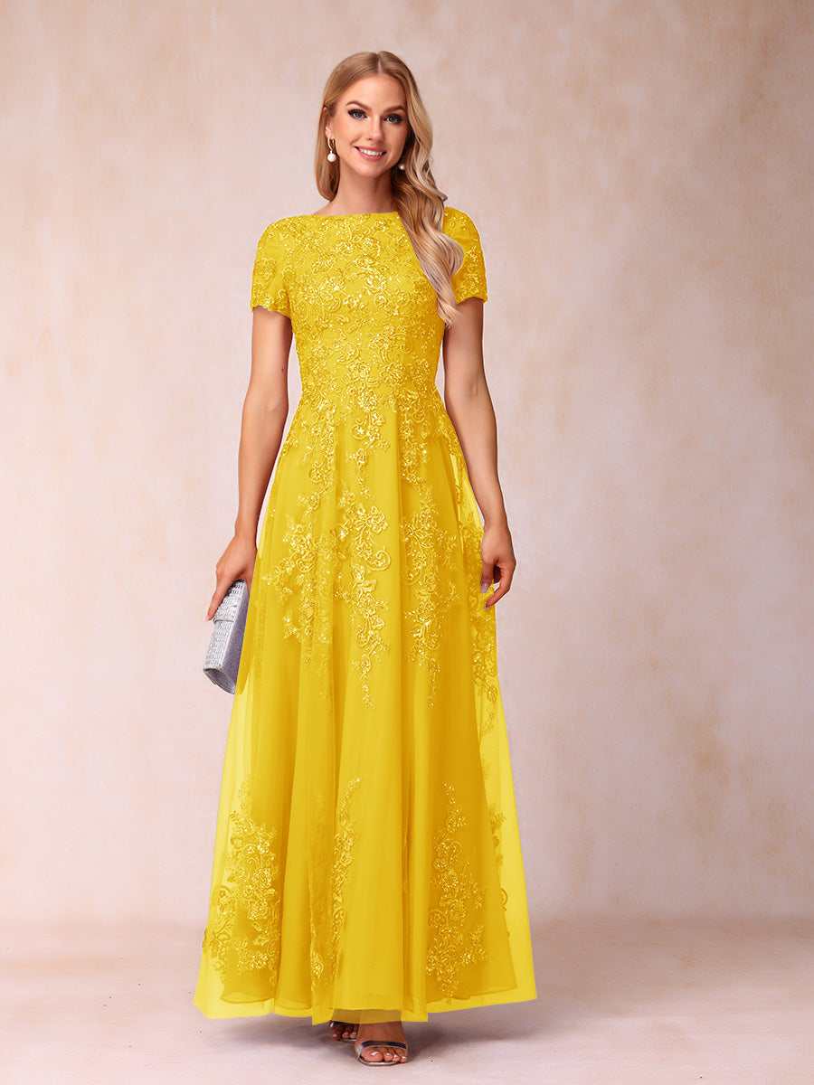 A-Line/Princess Sheer Neck Short Sleeves Long Formal Evening Dresses with Appliques & Sequins