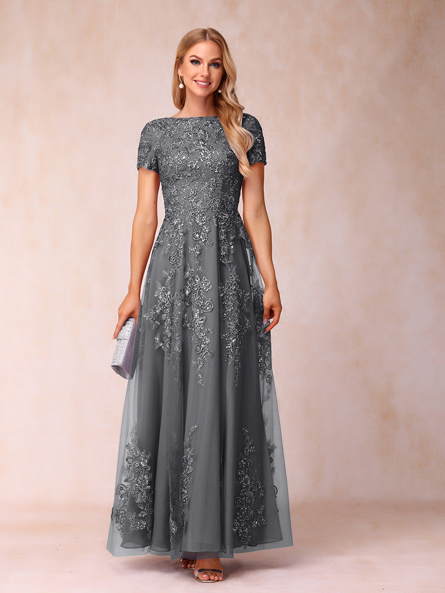 A-Line/Princess Sheer Neck Short Sleeves Long Formal Evening Dresses with Appliques & Sequins