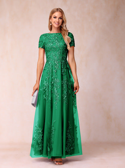 A-Line/Princess Sheer Neck Short Sleeves Long Formal Evening Dresses with Appliques & Sequins