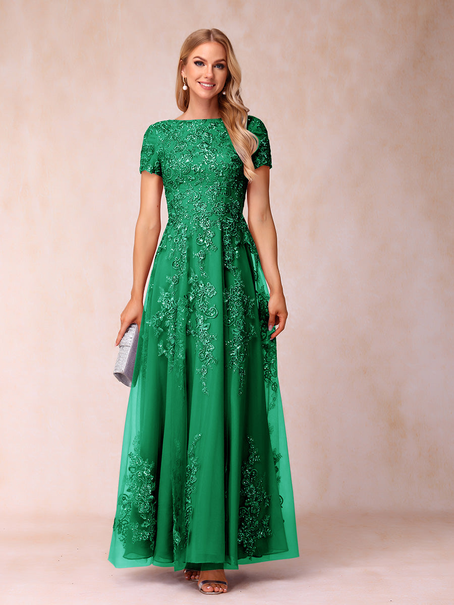A-Line/Princess Sheer Neck Short Sleeves Long Formal Evening Dresses with Appliques & Sequins