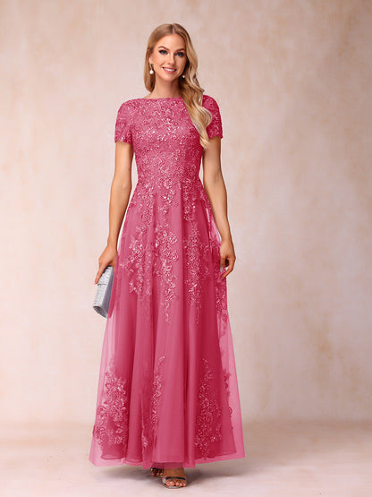 A-Line/Princess Sheer Neck Short Sleeves Long Formal Evening Dresses with Appliques & Sequins