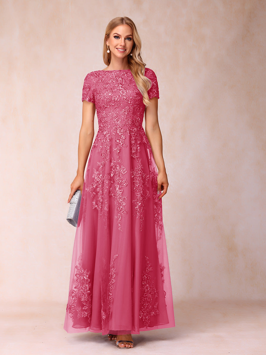 A-Line/Princess Sheer Neck Short Sleeves Long Formal Evening Dresses with Appliques & Sequins