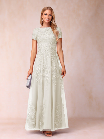 A-Line/Princess Sheer Neck Short Sleeves Long Formal Evening Dresses with Appliques & Sequins