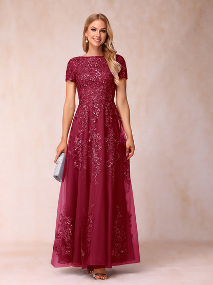 A-Line/Princess Sheer Neck Short Sleeves Long Formal Evening Dresses with Appliques & Sequins