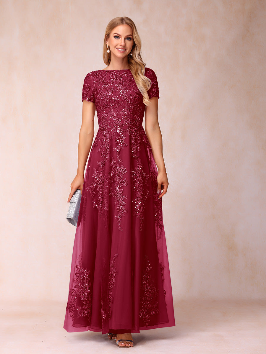 A-Line/Princess Sheer Neck Short Sleeves Long Formal Evening Dresses with Appliques & Sequins