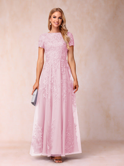 A-Line/Princess Sheer Neck Short Sleeves Long Formal Evening Dresses with Appliques & Sequins