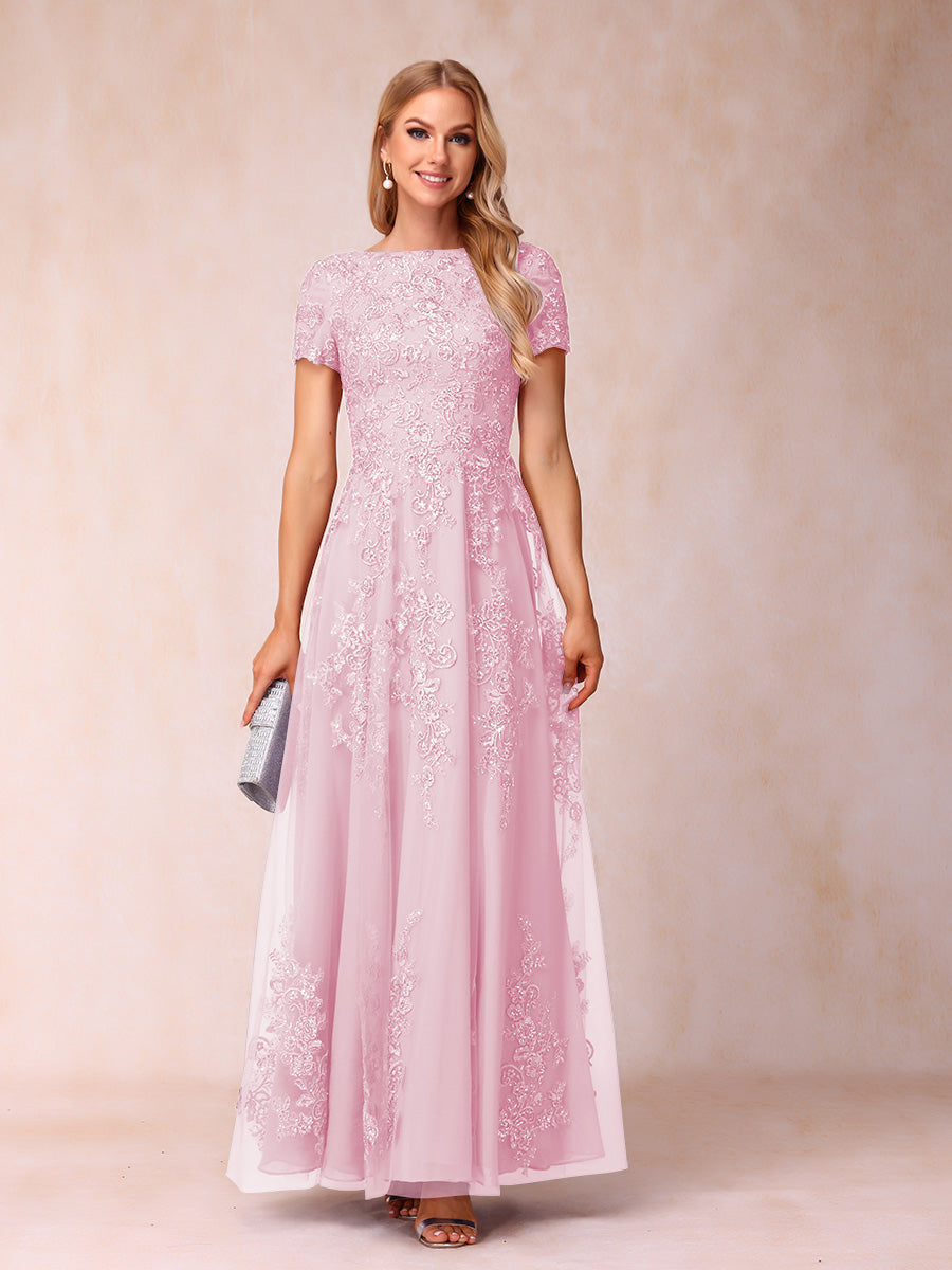 A-Line/Princess Sheer Neck Short Sleeves Long Formal Evening Dresses with Appliques & Sequins