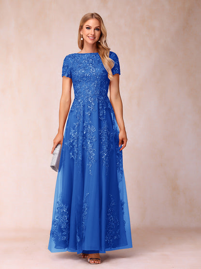 A-Line/Princess Sheer Neck Short Sleeves Long Formal Evening Dresses with Appliques & Sequins