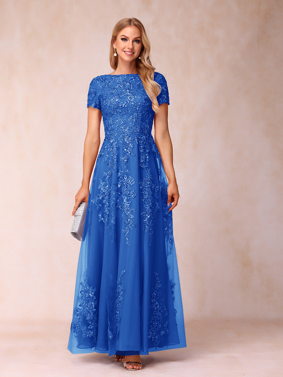 A-Line/Princess Sheer Neck Short Sleeves Long Formal Evening Dresses with Appliques & Sequins