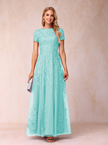 A-Line/Princess Sheer Neck Short Sleeves Long Formal Evening Dresses with Appliques & Sequins