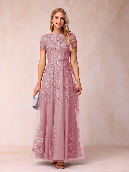 A-Line/Princess Sheer Neck Short Sleeves Long Formal Evening Dresses with Appliques & Sequins
