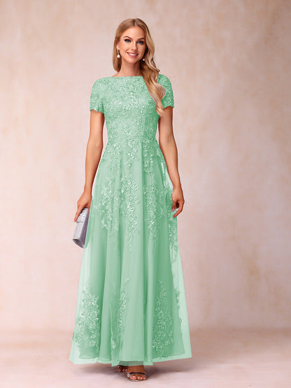 A-Line/Princess Sheer Neck Short Sleeves Long Formal Evening Dresses with Appliques & Sequins