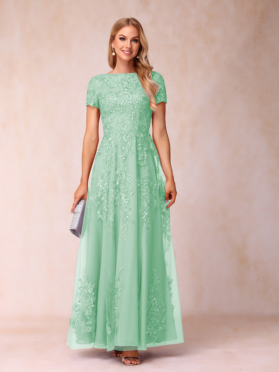 A-Line/Princess Sheer Neck Short Sleeves Long Formal Evening Dresses with Appliques & Sequins