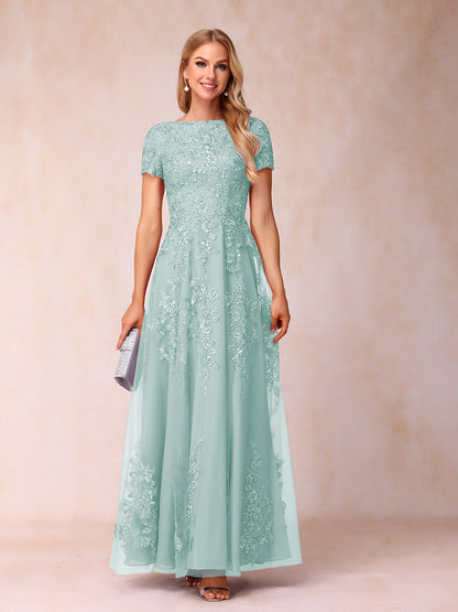 A-Line/Princess Sheer Neck Short Sleeves Long Formal Evening Dresses with Appliques & Sequins